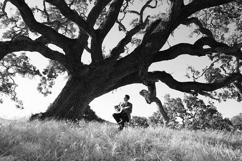 Guitar player music to a big oak tree.