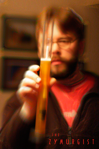 The Zymurgist poet brewer measuring the specific gravity of an ale using a hydrometer. 