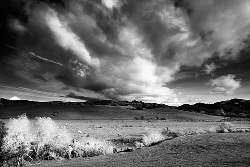 A storm passes over the Gabilan Mountains dappling the grassy hills with sunlight along the San Juan Grade that connects Salinas with Hollister. This photo was exhibited at the National Steinbeck Center in Salinas. 