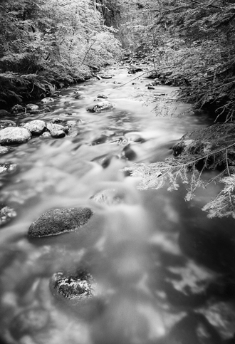 I was pushing my shutter speed to 16 minutes this Montana afternoon while being eaten alive by the biggest mosquitoes I’ve ever seen. Originally for me, this image was about the contrast between the blurred rocks underwater and the crisp roughness of the granite stones above water. Then my sister, Charlene, pointed out to me the contrast between the smooth water and detailed forest engulfing it. Now I like it even more. 