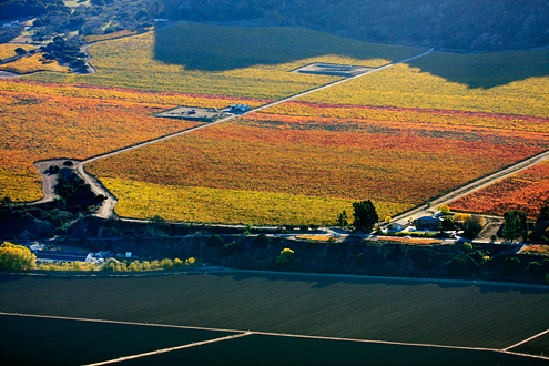 500-1,000 feet above the autumn-colored vineyards of the River Road Wine Trail. Includes Talbott Sleepy Hollow and Pessagno Four Boys vineyards with the Salinas Valley, River Road, and the shadow of the Santa Lucia Mountains. 