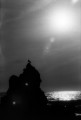 Silhouette of a seagull on top of pointed rock overlooking the ocean with the sun shimmering off its surface.