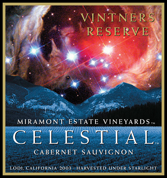 The Celestial label is a photo collage of California vineyards, Montana mountains, and Hubble Telescope images. They are my original winery client going back to 2004. I designed their complete visual identity, including this label, for several brands: Celestial, Miramont, Eclipse, and Hawk’s Landing. 