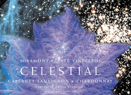 The Celestial label combines my vineyard photography with Hubble Telescope images. They are my original winery client going back to 2004. I designed their complete visual identity, including this label, for several brands: Celestial, Miramont, Eclipse, and Hawk’s Landing. 