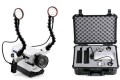 Underwater video camera housing kit with twin lights, batteries and protective carrying case.