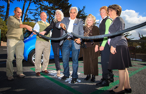 The City of Marina celebrated the addition of two electric vehicle (EV) charging stations with a “gas hose cutting” ceremony at City Hall. 