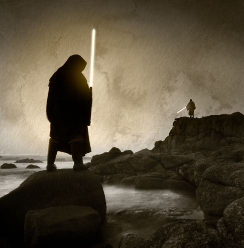 Shadowy figures armed with lightsabers facing off on coastal rocks.