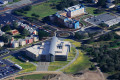 College campus library and science building from the air.