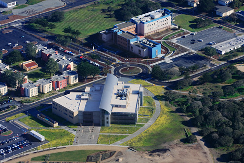 Aerial view of CSUMB’s Tanimura & Antle Memorial Library and Chapman Science Center. 