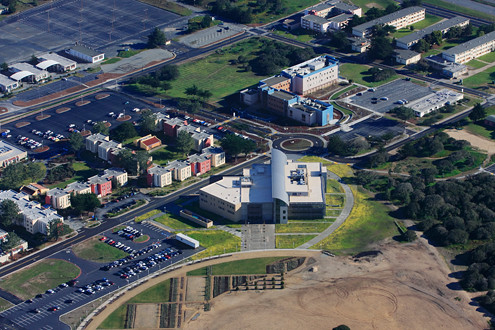 Aerial view of CSUMB’s Tanimura & Antle Memorial Library, Chapman Science Center, and some residence halls. 