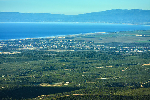 Aerial view of the Fort Ord National Monument looking northwest out to Cal State Monterey Bay, the City of Marina, Monterey Bay National Marine Sanctuary, and Santa Cruz. 