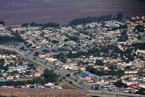Aerial view of the City of Marina’s northern area including Locke-Paddon Park, Armstrong Ranch, Del Monte Avenue, Reservation Road, Highway 1, city hall, and the court house. 