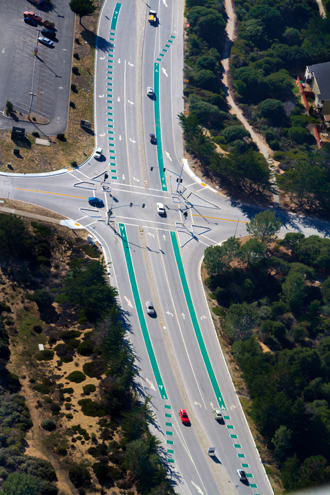 Aerial photo of Imjin Parkway at the Abrams Drive Intersection on the former Fort Ord. Note the green bike lanes. 