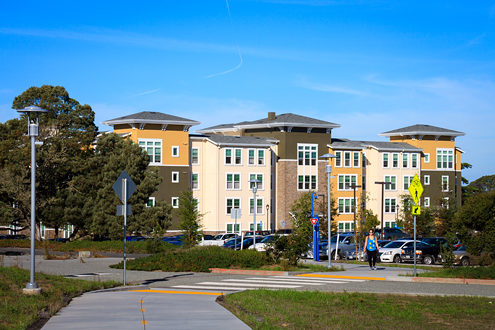 The east  side of The Promontory student housing complex with ped and cycle path to the Cal State Monterey Bay main campus. 