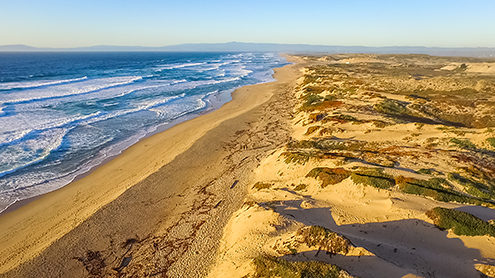 The coastal sand dunes of the Monterey Bay. Sunset walk on a tranquil beach. Aerial view of strawberry fields, coastal dunes and beach. FAA certified sUAS/Drone photography. 