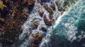 Aerial photo of the ocean waves washing around rocks and over a kelp forest. Shot with a drone camera.
