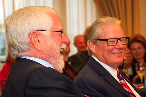 Judge William Daniels has a laugh with California State Senate Majority Leader William Monning at the Gibson Award Dinner at the Monterey Plaza Hotel hosted by the Monterey County Bar Association. 