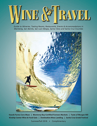 Photo illustration of a surfer from Marina State Beach with a bottle of bubbly in his hand and the cork flying off rides a wave of sparkling wine as it swooshes around in a glass. 