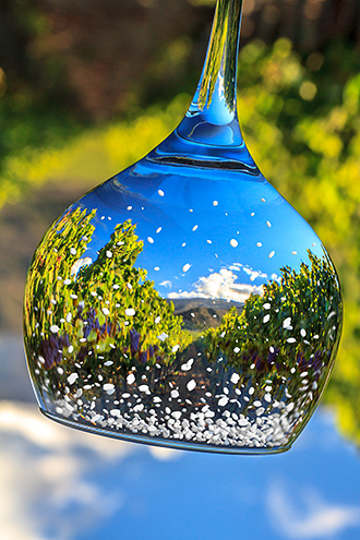The base photo is a wine glass filled with water acting as a fisheye lens bringing into focus the Santa Lucia Highlands vineyardscape behind it, then turned upside down. The snow globe flakes were illustrated in. 