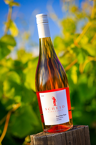 Scheid wine bottle in their Isabelle Vineyard along River Road in the Salinas Valley. 