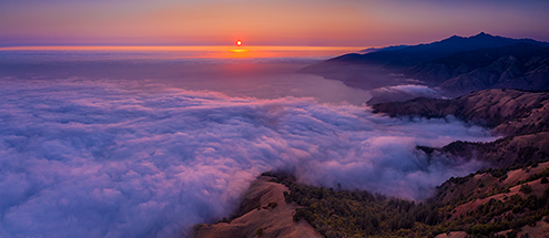 Panoramic view of the Big Sur coast at sunset with the fog rolling in from above 3,000 feet. PRINT SALE INQUIRIES: Art WeMe Contemporary Gallery, ArtWeMe@yahoo.com, ArtWeMe.com, Mission Street Between 5th & 6th Avenue, Carmel-by-the-Sea, CA 